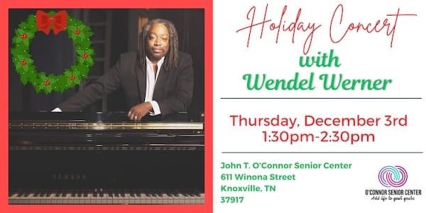 Wendel Werner performing at a holiday concert with a piano and festive wreath.