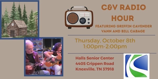 Music for Seniors event poster with radio, guitar, and nature scene.