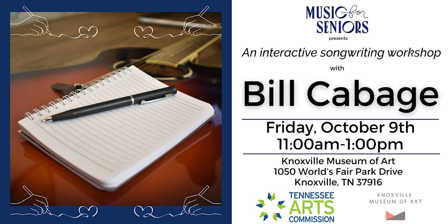 Notepad and pen on a guitar, promoting a songwriting workshop for seniors.